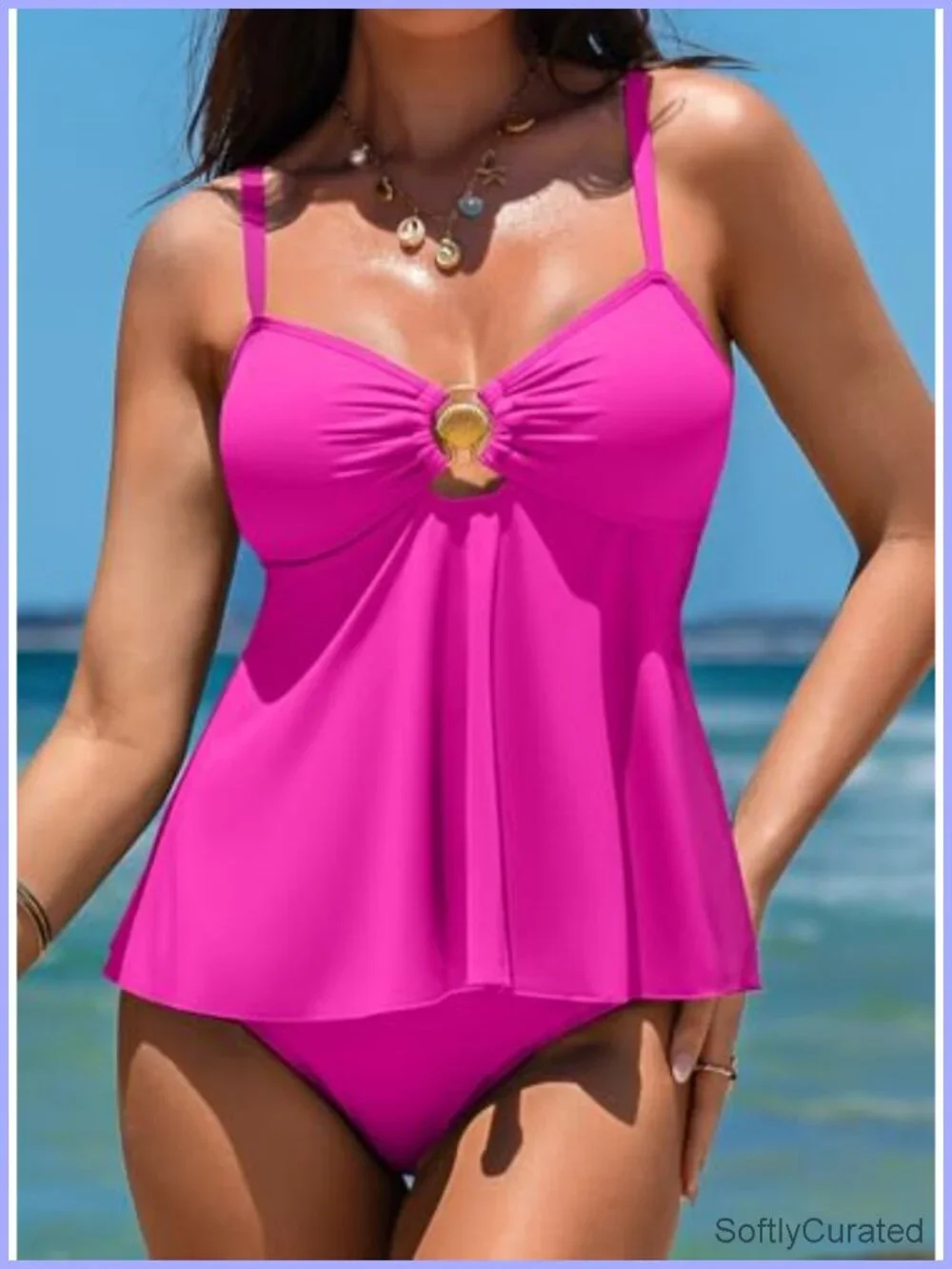 Women's Tankini Set Bandeau 2 Piece Swimsuit Shell Detail High Waisted Bottom